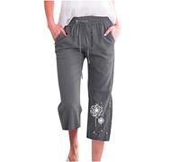 Leinenhose Damen Baumwolle Leinen Sommerhose 7/8 Casual Leichte Stoffhose Pusteblume Bedruckt Gemustert Caprihosen Bequeme Luftige Freizeithose Strandhose mit Taschen Kordelzug Pants