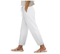 Leinenhose Damen Hose Leinen Hosen Stoffhose Einfarbig Freizeithose Damen Legere Leinen Stoffhose Einfarbig High Waist Hose Damen Leinen Sommerhose Strandhose Sommerhose Lockere Hosen (White, XXL)