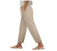 Leinenhose Damen Hose Leinen Hosen Stoffhose Einfarbig Freizeithose Damen Legere Leinen Stoffhose Einfarbig High Waist Hose Damen Leinen Sommerhose Strandhose Sommerhose Lockere Hosen (Khaki, M)