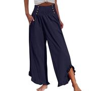 Leinenhose Damen Hosen mit Taschen Lässig Leichte Palazzo Hose Haremshose Leinen Bundfalten Freizeithose Blütenblattbesatz Yogahose Wide Leg Pants Strandhose Sommer Hose(#Mit Taschen-Navy,XL)