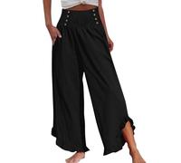 Leinenhose Damen Hosen mit Taschen Lässig Leichte Palazzo Hose Haremshose Leinen Bundfalten Freizeithose Blütenblattbesatz Yogahose Wide Leg Pants Strandhose Sommer Hose(#Mit Taschen-Black,L)