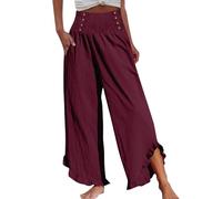 Leinenhose Damen Hosen mit Taschen Lässig Leichte Palazzo Hose Haremshose Leinen Bundfalten Freizeithose Blütenblattbesatz Yogahose Wide Leg Pants Strandhose Sommer Hose(#Mit Taschen-Wine,L)