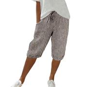 Leinenhose Damen Kurz Gestreift, Sommerhose Damen Leicht 3/4 Kurze Hose High Waist Knielang Stoffhose Mit Taschen Freizeithose Casual Sportshorts Mit Kordelzug Sommershort Baggy Bermuda Shorts