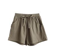 Leinenhose Damen Kurz Musselin Hose Sommer Leinen Shorts Locker Beach Shorts Hoher Taille Sommerhose mit Taschen Gerades Bein Freizeithose mit Kordelzug Lässige Einfarbige Hotpants Weiche Sporthose