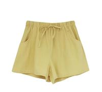Leinenhose Damen Kurz Musselin Hose Sommer Leinen Shorts Locker Beach Shorts Hoher Taille Sommerhose mit Taschen Gerades Bein Freizeithose mit Kordelzug Lässige Einfarbige Hotpants Weiche Sporthose