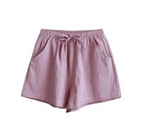 Leinenhose Damen Kurz Musselin Hose Sommer Leinen Shorts Locker Beach Shorts Hoher Taille Sommerhose mit Taschen Gerades Bein Freizeithose mit Kordelzug Lässige Einfarbige Hotpants Weiche Sporthose