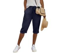 Leinenhose Damen Kurze Sommer Hose Leicht Lockere Leinen Musselin Shorts Knielange Baumwoll Sommerhose Elastische Hohe Taille Mit Kordelzug Taschen,Marine,L