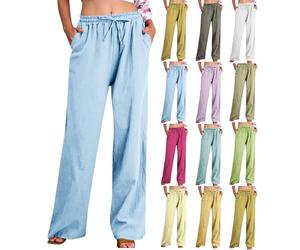 Leinenhose Damen Lang Baggy, Leichte Sommerhose Damen Stretch Strandhose Sommer Freizeithose Große Größen Musselinhose High Waist Sporthose Mit Taschen Jogginghose Elegant Sweatpants Relaxhose