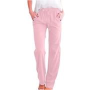 Leinenhose Damen Lang,Baumwolle Leinen Stoffhose Gerade Geschnitten Freizeithose Einfarbig Strandhose Jogginghose mit Kordelzug und Taschen Elastisch Hohe Taille Sommerhosen Damen Leicht und Luftig