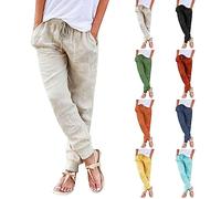 Leinenhose Damen Lang Sommer Outdoorhose Weich Bequem Strandhose mit Kordelzug und Taschen Baumwolle Leinen Einfarbig Loungehose Große Größen Stoffhose Freizeithose Jogginghose Sporthose Haremshose