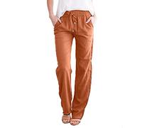 leinenhose damen langes bein, Leinenhose Damen Lang Sommer Stoffhose Sommerhose Einfarbig Musselin Hose Leicht und Luftig Strandhose mit Kordelzug Taschen Freizeithose Elegant Jogginghose, Orange, L