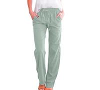 Leinenhose Damen Leicht Leinen Sommerhose Loose Freizeithose High Waist Stoffhose Yogahose Casual Einfarbig Schlupfhose Jogginghose Straight Bein Frauen Hosen Stretch Mit Taschen, S-3Xl, Grau, M