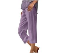 Leinenhose Damen Leicht Luftig, Sale Angebote Sommerhose Belüftet Atmungsaktiv, 3/4-Freizeithose mit Elastischer Taille Tasche und Kordelzug, Jogginghose aus Baumwolle Leinen, Musselin Hose Elegante
