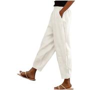 Leinenhose Damen Musselin Hose 7/8 Leichte Freizeithose Casual Musselin Sommerhose Stoffhose Kordelzug Straight Leg Hose Mit Taschen Haremshose Luftig Einfarbig Locker Bequeme Strandhose