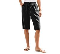 Leinenhose Damen Sommer 1/2 Culotte Leichte Weite Leinenhose Sommerhose Elastische High Waist Loose Freizeithose Einfarbig Elegante Lounge Hosen mit Taschen schwarz XXL