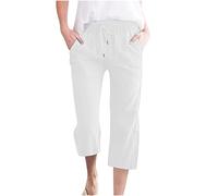 Leinenhose Damen Sommer 3/4,Baumwolle Leinen Stoffhose Leicht Atmungsaktiv Yogahose Einfarbig Lässig Caprihose Weites Bein Hosen mit Taschen Elastische Bequeme Sommerhose Weich Sporthose für Frauen