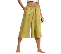 Leinenhose Damen Sommer 3/4 Culotte Leichte Weite Leinenhose Sommerhose Elastische High Waist Loose Freizeithose Einfarbig Elegante Lounge Hosen mit Taschen gelb M