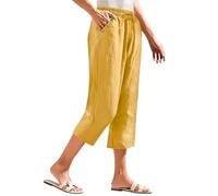 Leinenhose Damen Sommer 3/4 Culotte Leichte Weite Leinenhose Sommerhose Elastische High Waist Loose Freizeithose Einfarbig Stoffhose Elegante Lounge Hosen mit Taschen orange M