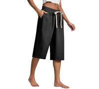 Leinenhose Damen Sommer 3/4 Culotte Leichte Weite Leinenhose Sommerhose Elastische High Waist Loose Freizeithose Einfarbig Elegante Lounge Hosen mit Taschen schwarz M