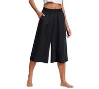 Leinenhose Damen Sommer 3/4 Culotte Leichte Weite Leinenhose Sommerhose Elastische High Waist Loose Freizeithose Einfarbig Elegante Lounge Hosen mit Taschen schwarz 4XL