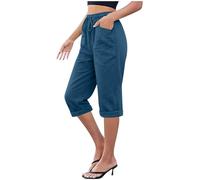 Leinenhose Damen Sommer 3/4 Leicht Elegant Hosen Baumwolle Leinen Stoffhose Weite Bein Freizeithose Lässige Palazzo Strandhose Kordelzug Boho Hose Sommerhosen Frauen Leicht und Luftig und Taschen