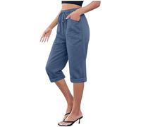 Leinenhose Damen Sommer 3/4 Leicht Elegant Hosen Baumwolle Leinen Stoffhose Weite Bein Freizeithose Lässige Palazzo Strandhose Kordelzug Boho Hose Sommerhosen Frauen Leicht und Luftig und Taschen