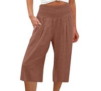 Leinenhose Damen Sommer 3/4 - Sommerhose Damen Leicht Dreiviertel Hose Caprihose Luftige Freizeithose High Waist mit Gummizug Stoffhose Baumwolle Leinen Kurze Capri Hosen für Frauen