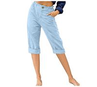 Leinenhose Damen Sommer 3/4 - Sommerhose Damen Leicht Dreiviertel Hose Caprihose Luftige Freizeithose High Waist Drawstring Stoffhose Casual Baumwolle Leinen Kurze Capri Hosen für Frauen