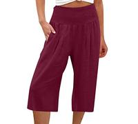 Leinenhose Damen Sommer 3/4 - Sommerhose Damen Leicht Dreiviertel Hose Caprihose Luftige Freizeithose High Waist mit Gummizug Stoffhose Baumwolle Leinen Kurze Capri Hosen für Frauen