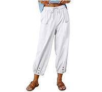 Leinenhose Damen Sommer 7/8 - Sommerhose Damen Leicht Weite Hose mit Taschen Drawstring Stretch High Waist Locker Freizeithose Lässige Stoffhose Baumwolle Leinen Luftige Hosen für Damen