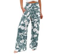 Leinenhose Damen Sommer,Culottes Hosen Damen Leinen Palazzo Hose Damen Elegant Bedruckte Sommerhose Leicht Bequeme Stoffhose Elegant Strandhose Loose Fit Freizeithose Weites Bein mit Taschen