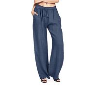Leinenhose Damen Sommer Freizeit Hose Lang Locker Sommerhose Casual Einfarbig Leinenhose Baumwolle Gerades Bein Bequeme Stoffhose Leicht Einfarbig Strandhose mit Kordelzug und Taschen Hose2