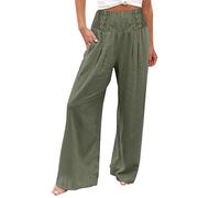 Leinenhose Damen Sommer Freizeithose Leinen Leicht Casual Yogahose Einfarbig Elegant Hose Weites Bein Hose Baumwolle Bequeme Stoffhose Hohe Taille Strandhose mit Taschen(#C Army Green,XXL)
