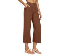Leinenhose Damen Sommer High Waist 3/4 Baumwolle Leinen Leicht Hosen Straight Leg Stoffhose Einfarbig Lässige Musselin Hose für Frauen Wide Leg Freizeithose Lang Palazzo Strandhose und Taschen
