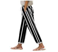 Leinenhose Damen Sommer Hohe Taille Gerade Beinige Streifenhose Strandhosen Freizeithose mit Taschen Flowy Weite Hose Einfarbig Baggy Hosen Locker Bequeme Chino Musselin Hose mit Kordelzug Elegant