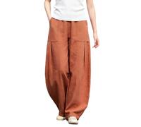 Leinenhose Damen Sommer Lang Palazzo Hose High Waist Stoffhose Weites Bein Freizeithose Elastisch Taille Leichte Baggy Schlupfhose Baumwollle Leinen Hosen Einfarbig Locker Damenhose (Orange, L)