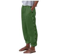 Leinenhose Damen Sommer Leichte Baumwolle 7/8 Sommerhose Casual Locker Freizeithose Weite Leg Hose Sommer Hohe Taille Elastischer Bund Stoffhose Yogahose Leinen Hose mit Taschen (EB-Green, XL)