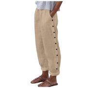 Leinenhose Damen Sommer Leichte Baumwolle 7/8 Sommerhose Casual Locker Freizeithose Weite Leg Hose Sommer Hohe Taille Elastischer Bund Stoffhose Yogahose Leinen Hose mit Taschen (EB-Khaki, XL)