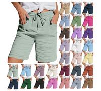 Leinenhose Damen Sommer Musselin Kurze Hose Damen 2025 Sommerhose Leicht Sommer Leinen Shorts Beach Hosen Mit Taschen Stoffhose Kleid Stretch Gerades Bein Kordelzug Leinenhose Bluse Capri Minzgrün XL