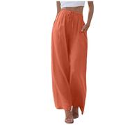Leinenhose Damen Sommer Palazzo Hose Lang High Waist Stoffhose Baumwolle Leinen Freizeithose Elegant Weite Bein Hosen Leicht und Luftig Strandhose Einfarbig Schlupfhose mit Taschen (Orange, XL)