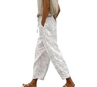 Leinenhose Damen Sommer Weite Hose Damen Elegant Sommerhose Damen Spitzen Blumen Stickerei Baumwoll Leinen Hosen mit Kordelzug Elastische Taille Baggy Palazzo Strandhose Freizeithose