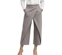 Leinenhose Damen Stoffhose Damen High Waist Culotte Schlupfhose mit Überlappung Knopf 7/8 Länge Gerades Bein für Freizeit XL Camel