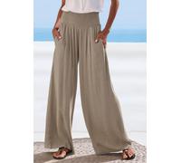 Leinenhose FRENCH CONNECTION, Damen, Gr. 36/38, N-Gr, khaki, Web, Obermaterial: 80% Viskose, 20% Leinen, unifarben, Basic, figurumspielend lang, Hosen, mit gerafftem Bund, weite Palazzohose für den So