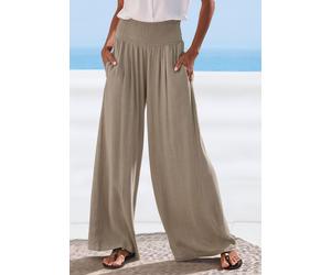 Leinenhose FRENCH CONNECTION, Damen, Gr. 48/50, N-Gr, khaki, Web, Obermaterial: 80% Viskose, 20% Leinen, unifarben, Basic, figurumspielend lang, Hosen, mit gerafftem Bund, weite Palazzohose für den So