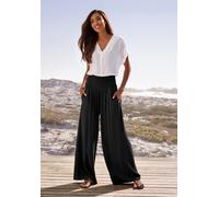 Leinenhose FRENCH CONNECTION, Damen, Gr. 48/50, N-Gr, schwarz, Web, Obermaterial: 80% Viskose, 20% Leinen, unifarben, Basic, figurumspielend lang, Hosen, mit gerafftem Bund, weite Palazzohose für den