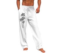 Leinenhose Für Herren Leichte Atmungsaktiv Hosen Lang Sommerhose Loose Freizeithose Leinen Baumwolle Hose Einfarbige Stoffhose Casual Urlaub Strandhosen Elastischer Bund Sporthose(Weiß,XL)