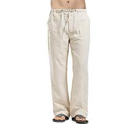 Leinenhose Herren Lang, Leichte Sommerhose, Sommer Leinen Hose, Loose Fit Leinenhose mit Tunnelzug und Taschen(Beige,S) VDD170