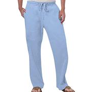 Leinenhose Herren Lange Leichte Hosen Sommerhose Sommer Leinen Hosen Loose Fit Atmungsaktivem Baumwollehosen Freizeithose Strandhose Herrenhosen mit Tunnelzug Taschen (Light Blue, XXXXXL)