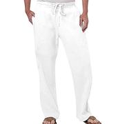 Leinenhose Herren Lange Leichte Hosen Sommerhose Sommer Leinen Hosen Loose Fit Atmungsaktivem Baumwollehosen Freizeithose Strandhose Herrenhosen mit Tunnelzug Taschen (White, XXL)