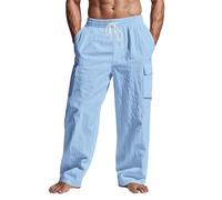 Leinenhose Herren Lange Leichte Sommerhose Casual Loose Fit Freizeithose Strandhosen Einfarbiges Leinen Hose mit Taschen Kordelzug für Urlaub Strand Yoga Alltag (Light Blue, XL)